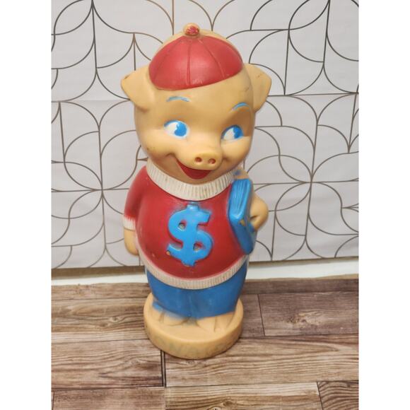Vintage 1950s Vinyl Porky Pig Toy Piggy Bank Rare Soft Plastic Rubber Hat & Book - Picture 1 of 5